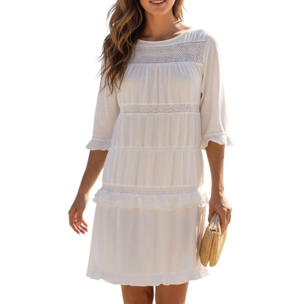 WHO WHAT WEAR Off-White Flowy SHIFT DRESS Lace Trim RUFFLE TIERED Lined SZ L